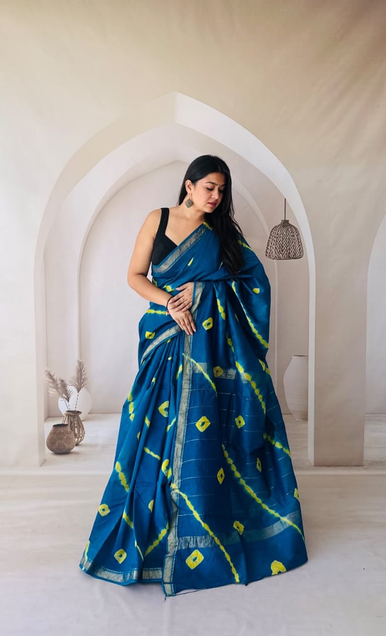 Handcrafted Shibori print Maheshwari silk saree with artistic patterns