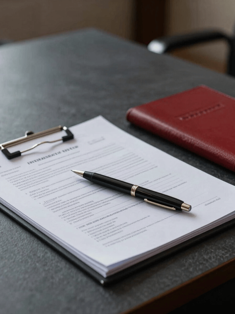 An investigative documentary photo set in a quiet Levant office in Beirut. A dark slate desk holding an open folder with printed evidence files, a pen, and a confidential ledger. Subtle crimson red lighting highlights the dark slate gray background, emphasizing gravity, transparency, and journalistic accountability. Cinematic editorial style with sharp depth of field.