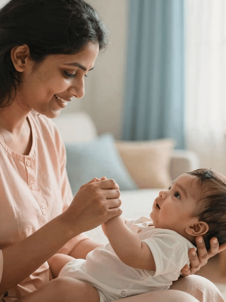 A soft, natural light photograph of a young South Asian / Indian mother gently holding her baby's tiny hand in a cozy, sunlit living room. Soft pastel peach and warm pale blue hues dominate the background. A calm, clean, and nurturing atmosphere capturing a tender moment of modern parenting.