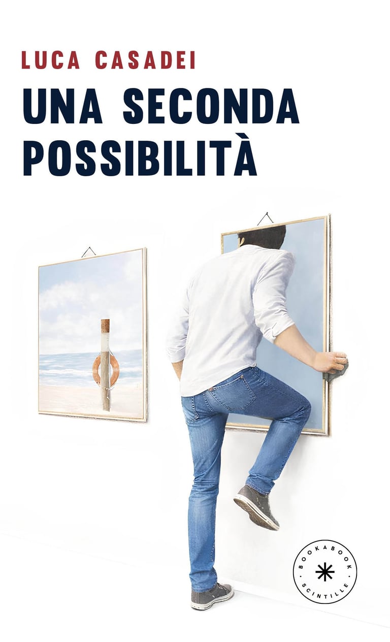 Copertina del libro *Una Seconda Possibilità* di Luca Casadei con un uomo che entra in un dipinto