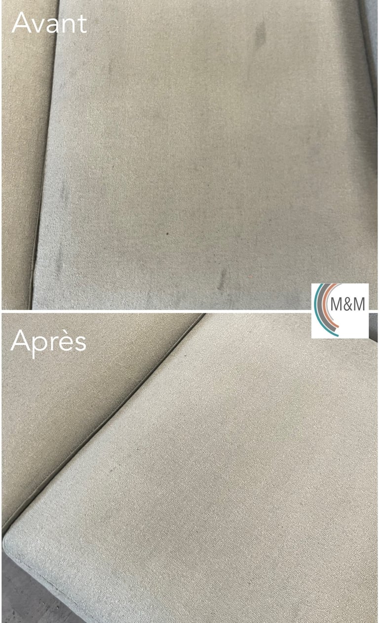 Avant après shampouinge d'une assise de canapé blanche nettoyage en profondeur à Rouen M&M Services 