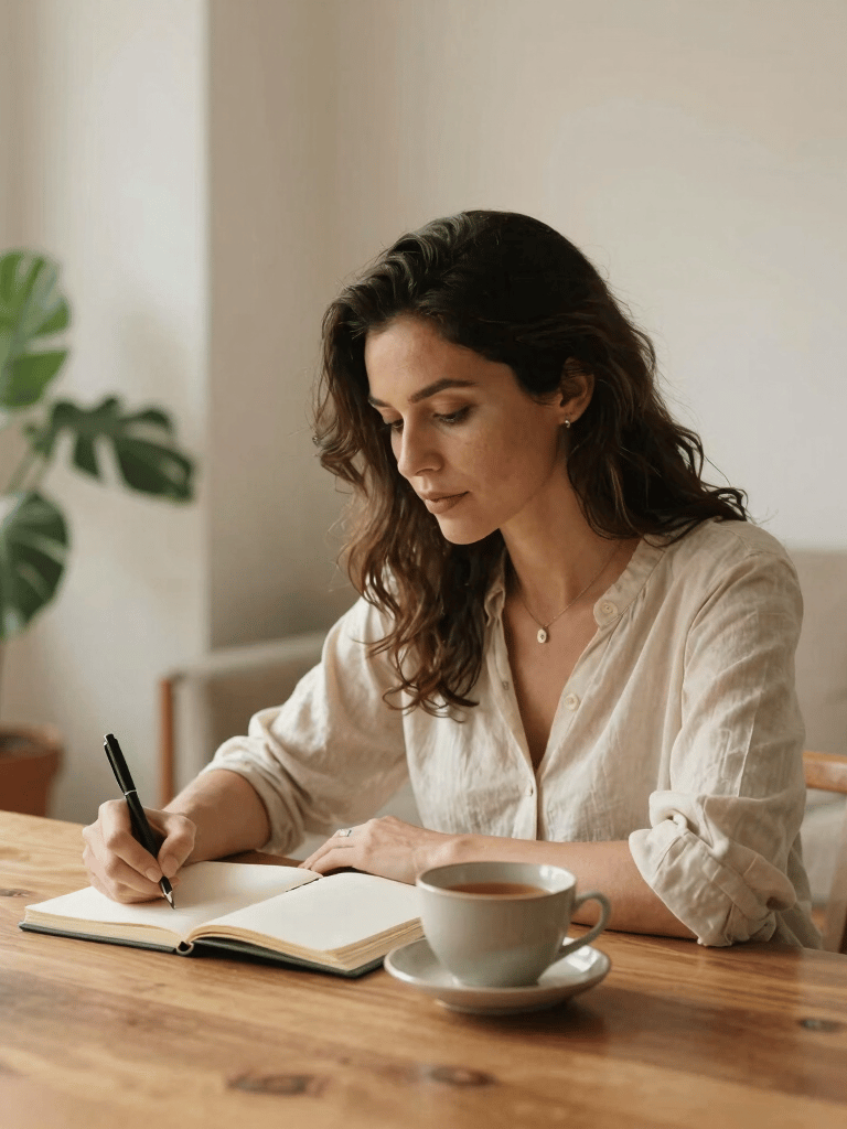 A calm, elegant woman in her late 30s sitting at a warm wooden desk in a sunlit living space in Spain / Latin America. She is writing peacefully in a notebook next to a ceramic cup of tea. Soft natural light, cream-colored walls, slate green indoor plants, editorial aesthetic, serene and grounding atmosphere.