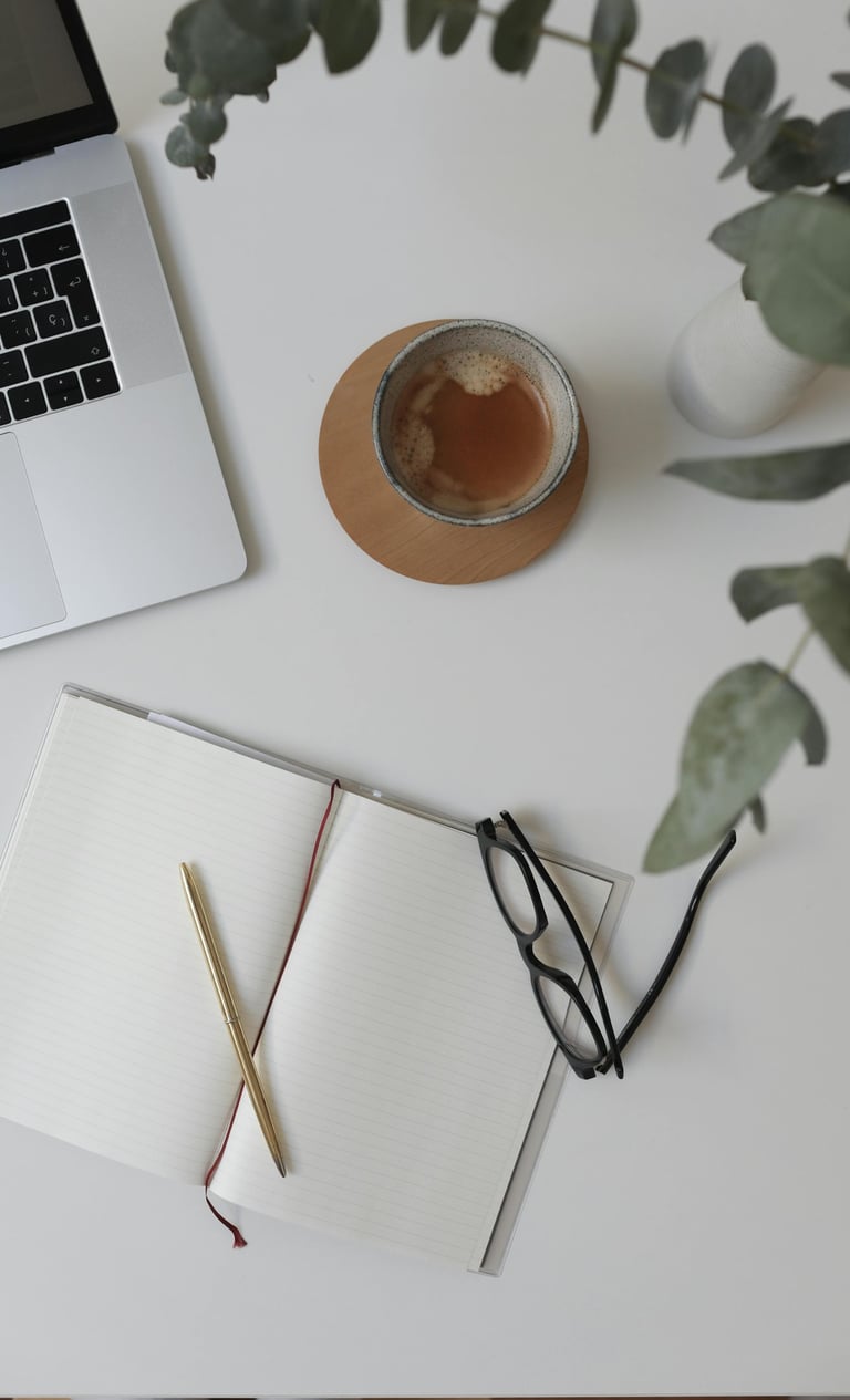 Workspace of a business operations support specialist with a laptop, coffee, and notebook