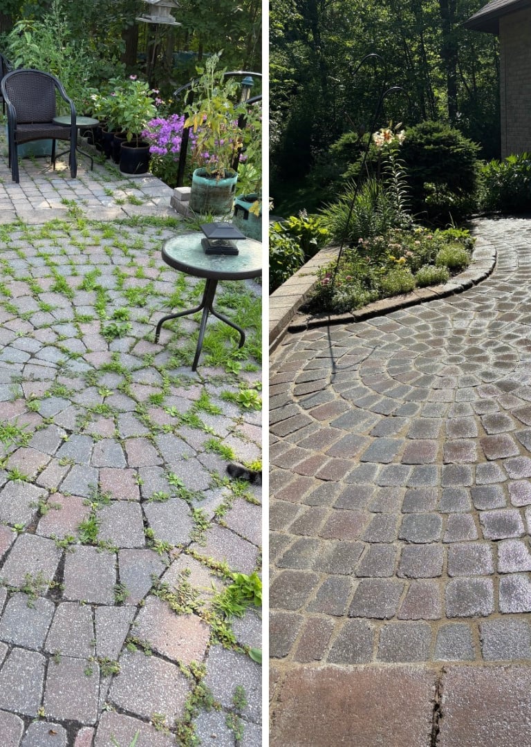 Before and after of interlocking stone repair with industrial power washing and polymeric sand.