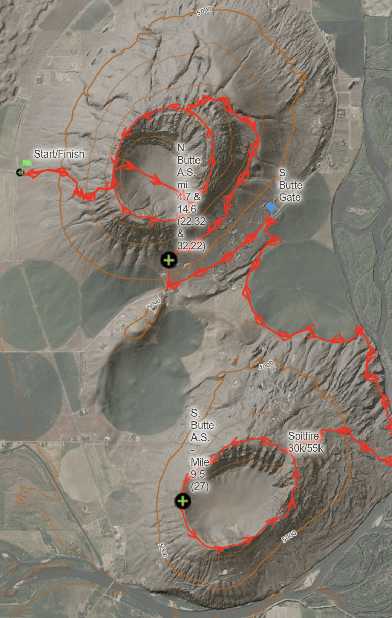 30k Spitfire Ultra Course map, April trail race Menan Idaho,