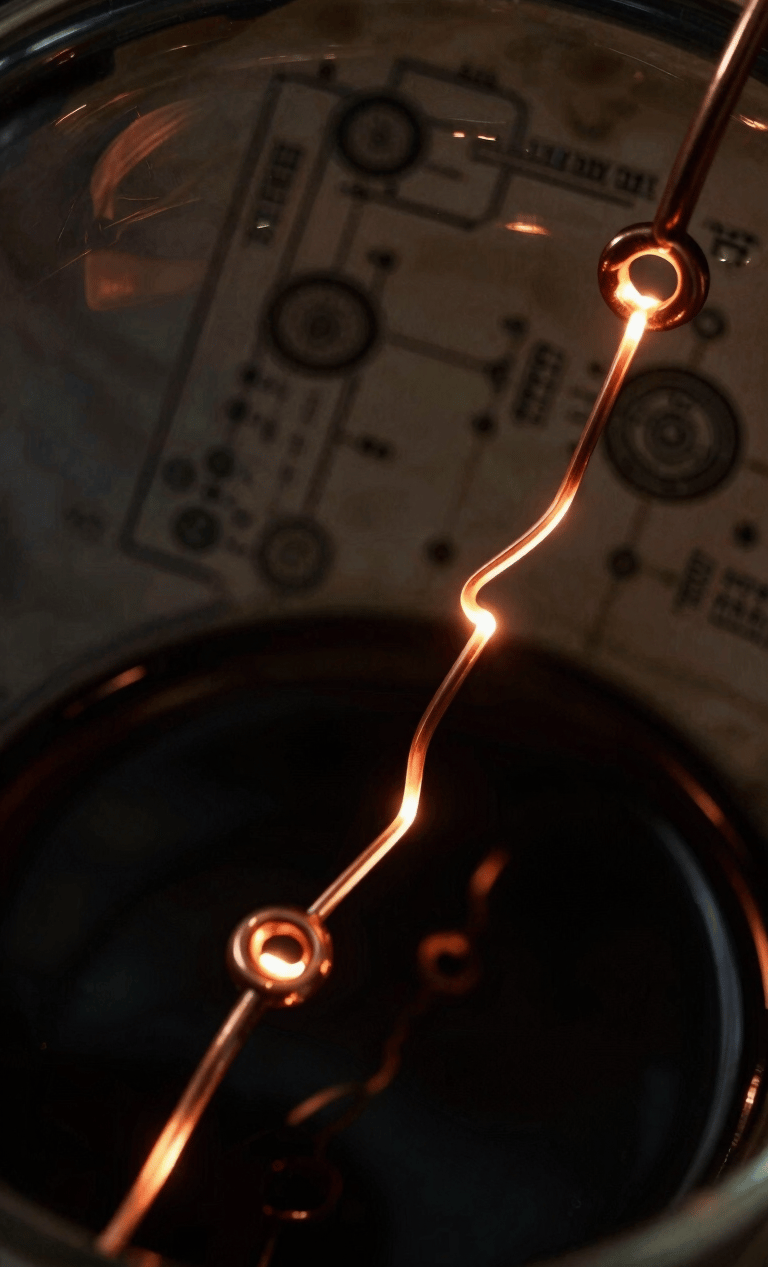 Extreme close-up of dark archival laboratory glassware with glowing copper electrochemical loops, deep obsidian shadows, technical schematics in background, low-key dramatic lighting, macro photography