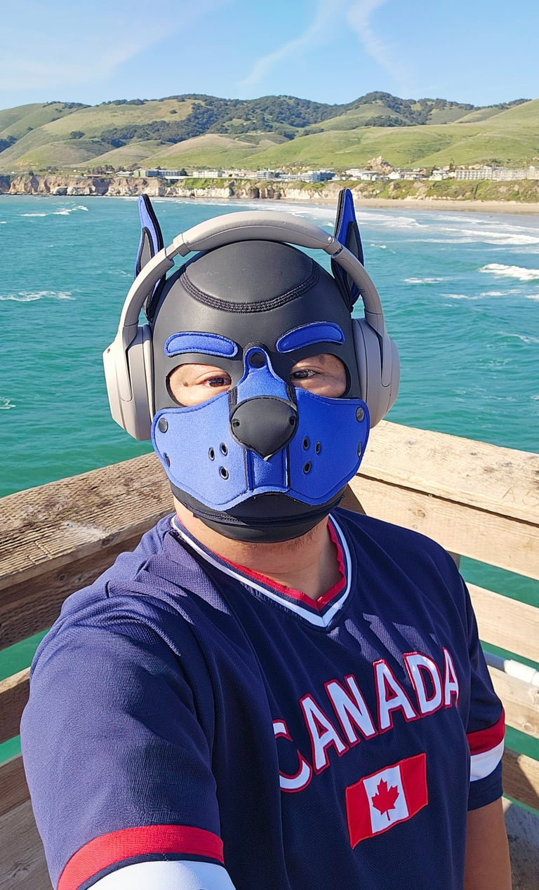 A Man in a pup mask with headphones standing on a pier.