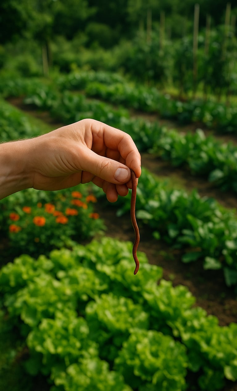 Une main tient un ver de terre devant un potager pour la journée mondiale des vers de terre.