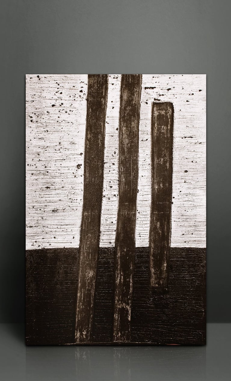 Minimalist black and white abstract painting featuring vertical brushstrokes on a textured canvas.