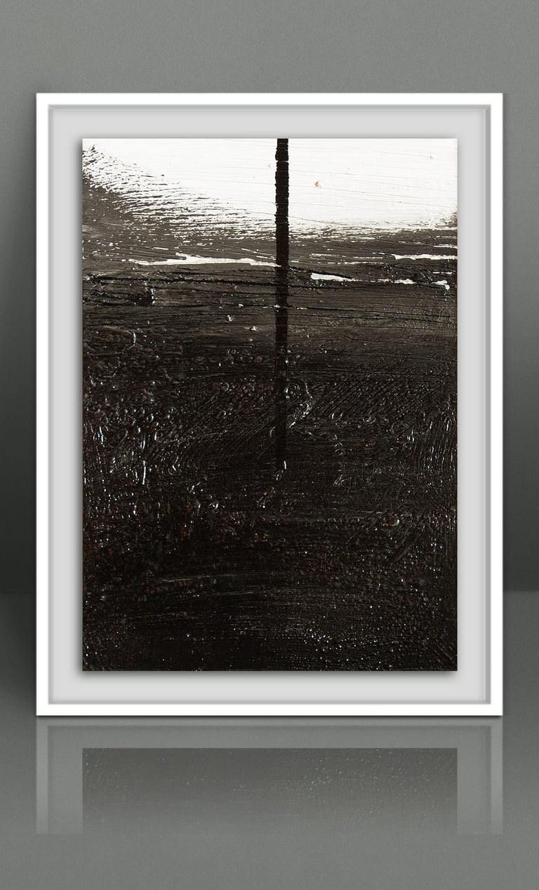 Black and white abstract painting with textured brushstrokes and a vertical line, framed art.