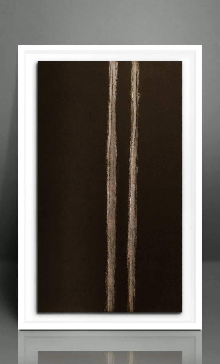 Minimalist abstract wall art featuring two vertical textured gold lines on a dark brown canvas.