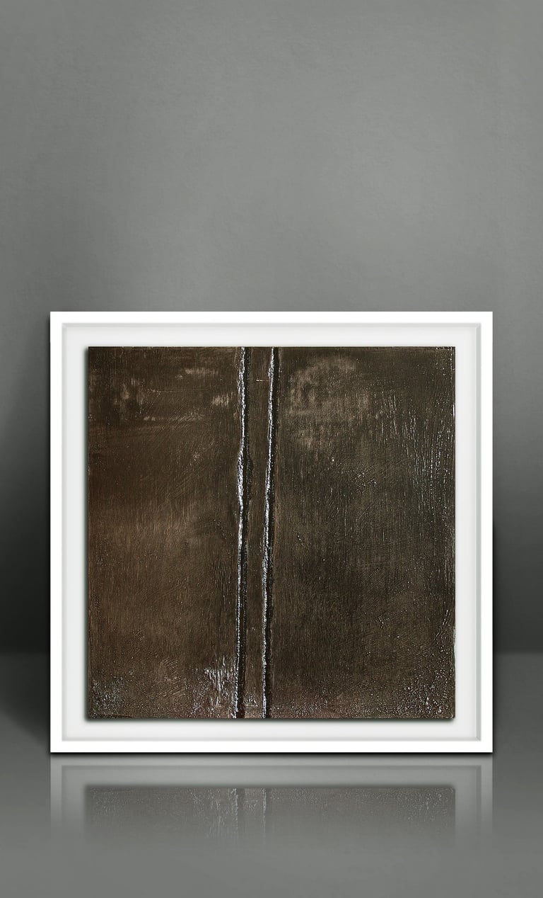 Framed dark brown abstract oil painting with vertical textured lines for modern home decor.