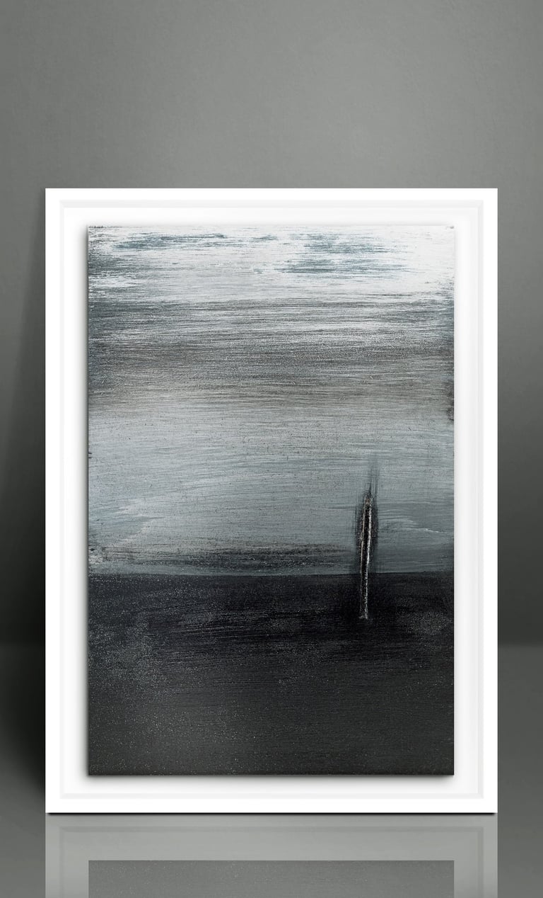 Modern abstract landscape painting in monochrome black and white featuring textured brushstrokes in a white frame.