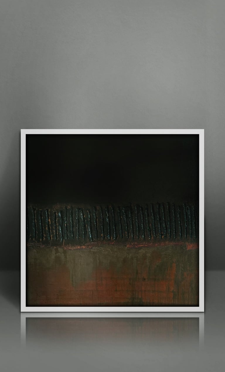Modern abstract painting with textured dark tones and earthy red accents in a white frame.
