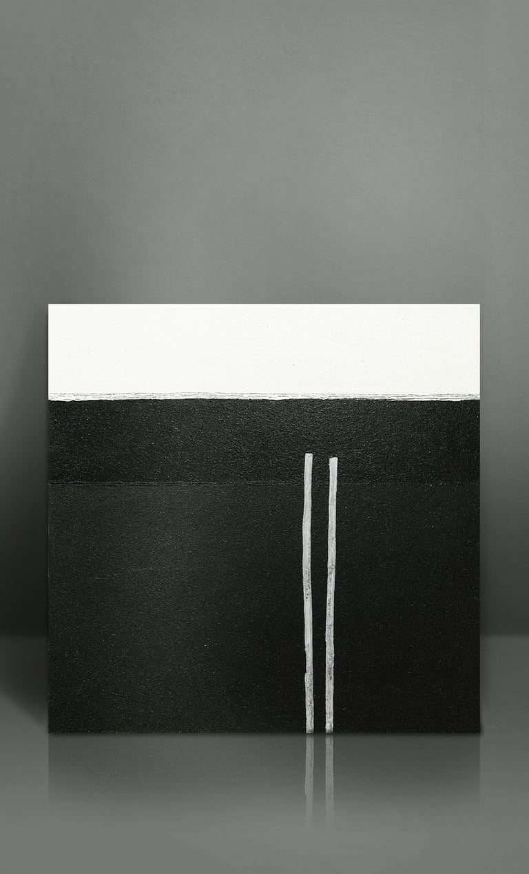 Minimalist black and white abstract painting with two vertical textured lines, contemporary art for modern decor.