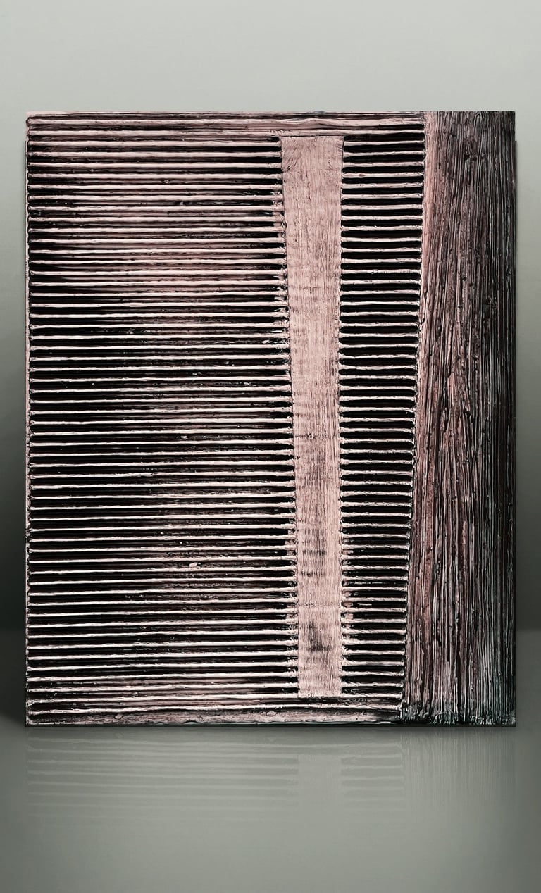 Textured metallic bronze abstract wall art with horizontal ridges and vertical geometric patterns.