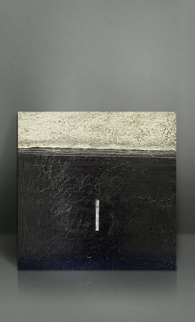 Textured abstract painting featuring a black and gold landscape with a vertical white line.