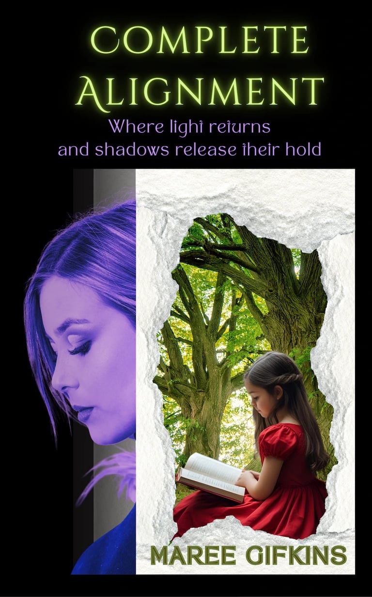 Complete Alignment book cover, sitting girl in red dress reading in a forrest