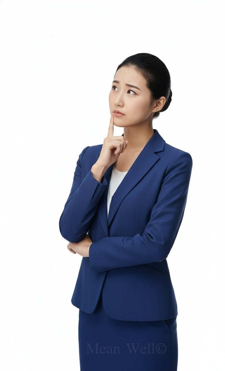 Professional businesswoman in a blue suit thinking and looking up against a white background.