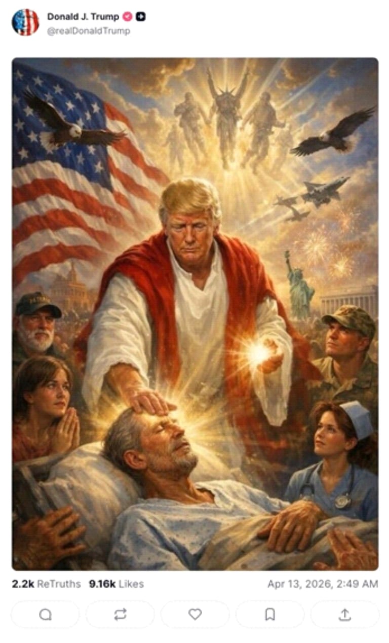 Donald Trump depicted as a healer in patriotic art with an American flag, eagles, and soldiers.