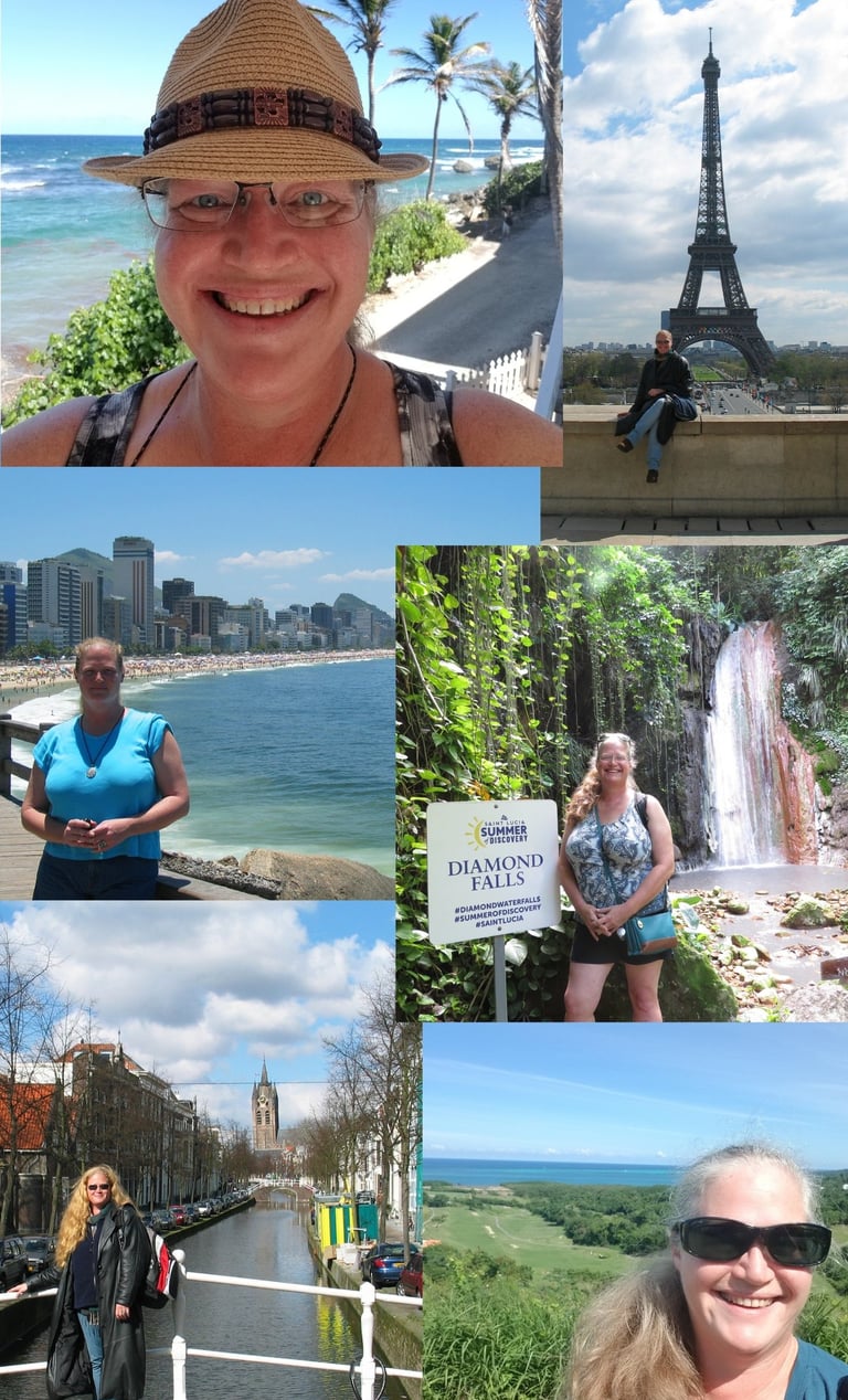 A collage of photos from Mary's travels. 