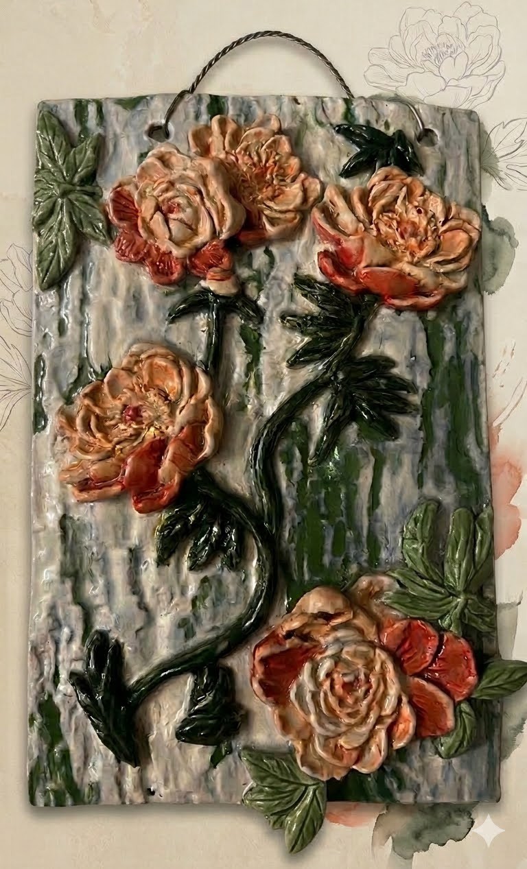 Abstract floral ceramic plaque with hand-built petals and intricate textures.