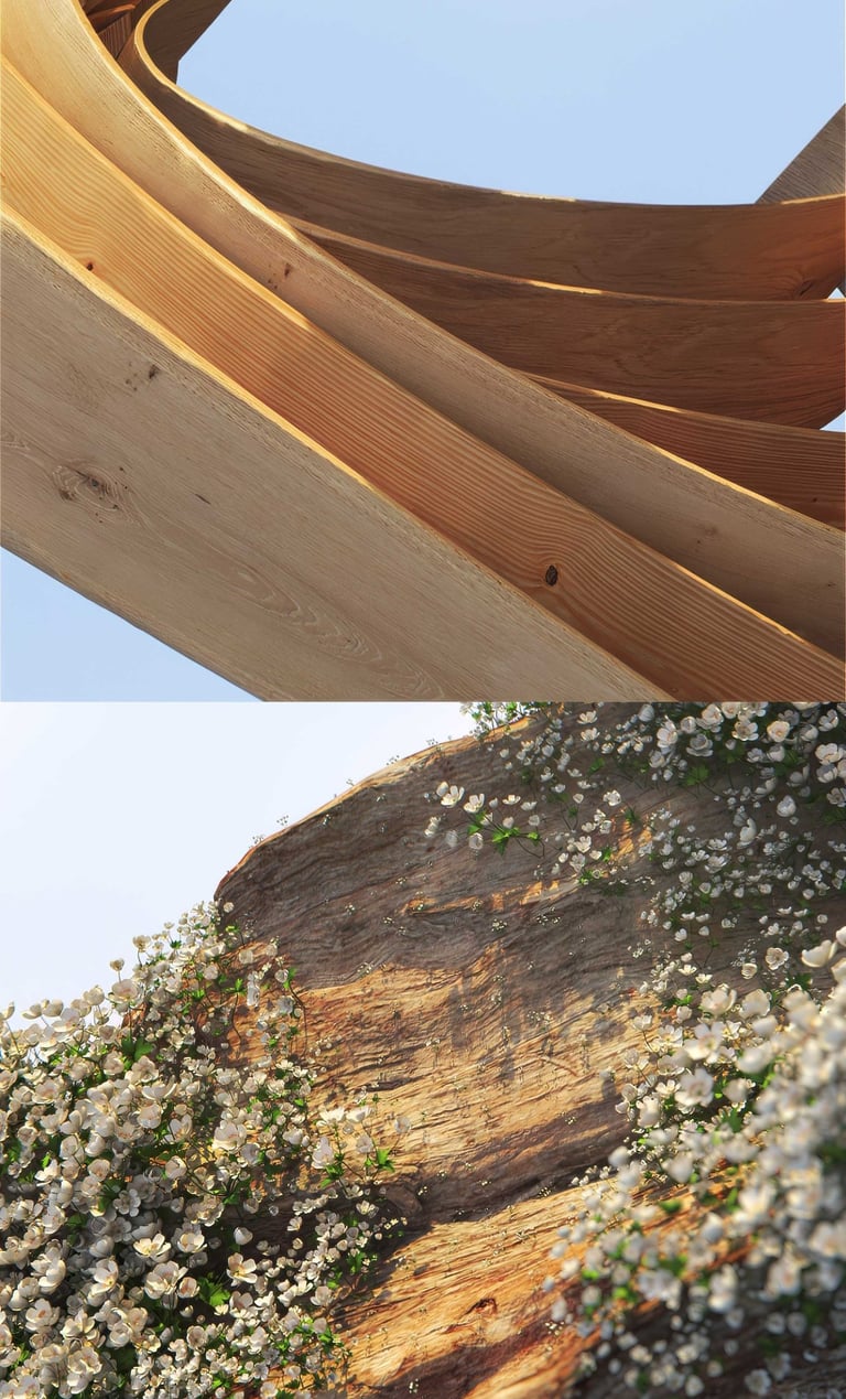 Curved natural cedar wood planks and a rustic stone wall covered in white jasmine flowers.