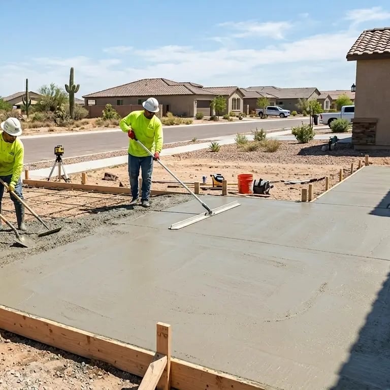 professional concrete crew smoothing a residential concrete slab in Buckeye, Arizona