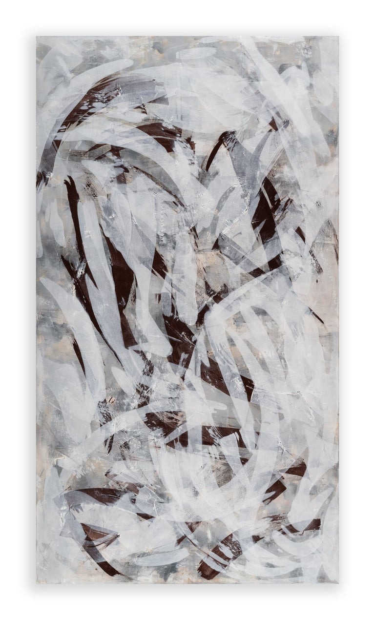 Abstract expressionist painting featuring energetic white and dark brown brushstrokes on a vertical canvas.