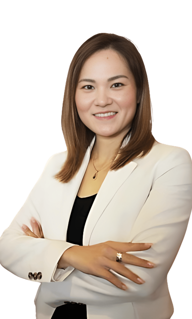 a japanese woman in a white blazer and black pants