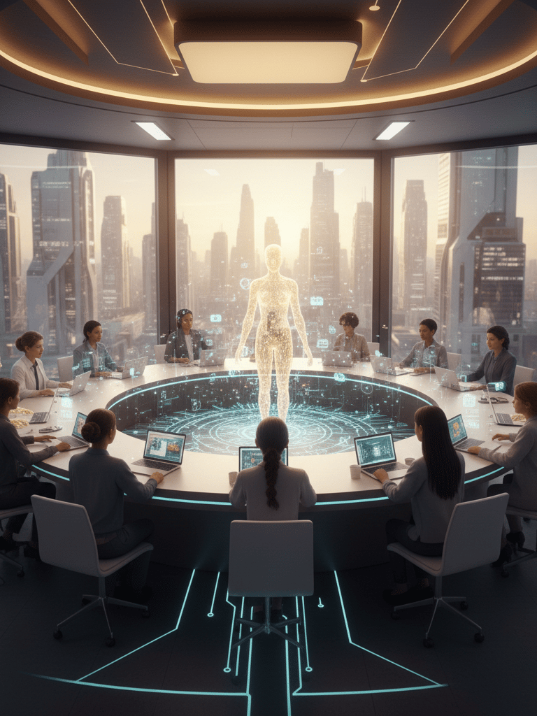 Human and AI collaboration concept showing cooperative intelligence shaping the future together.