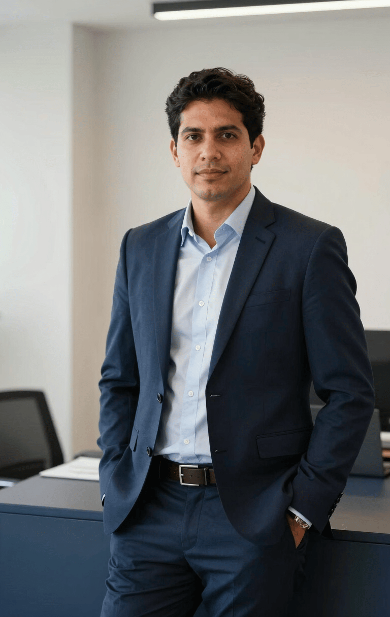 A professional South American / Brazilian accountant in a modern, clean office space. They are dressed in business attire, looking confidently towards the camera. The background features soft off-white walls and dark slate blue furniture.