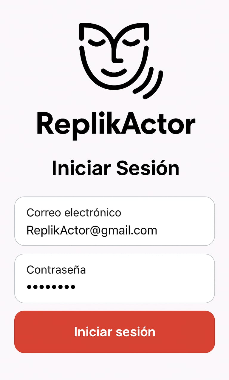 un captura de pantalla de como es la interfaz de ususario de ReplikActor en inicio de sesión