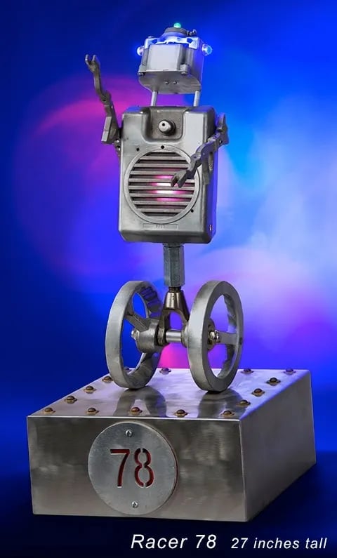Found object robot sculpture named Racer 78 by Santa Barbara artist Tal Avitzur.