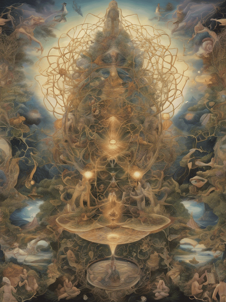 a painting of a tree with a fountain in the middle