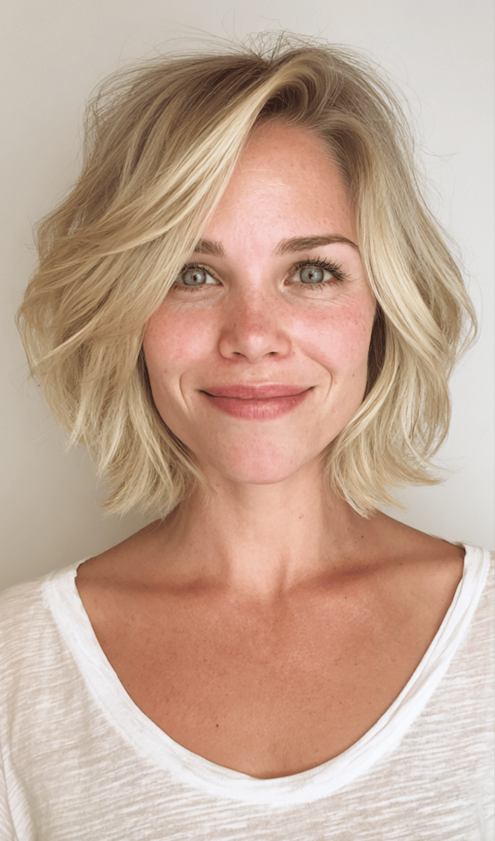 Long layered haircut with dimensional blonde colour and volume.