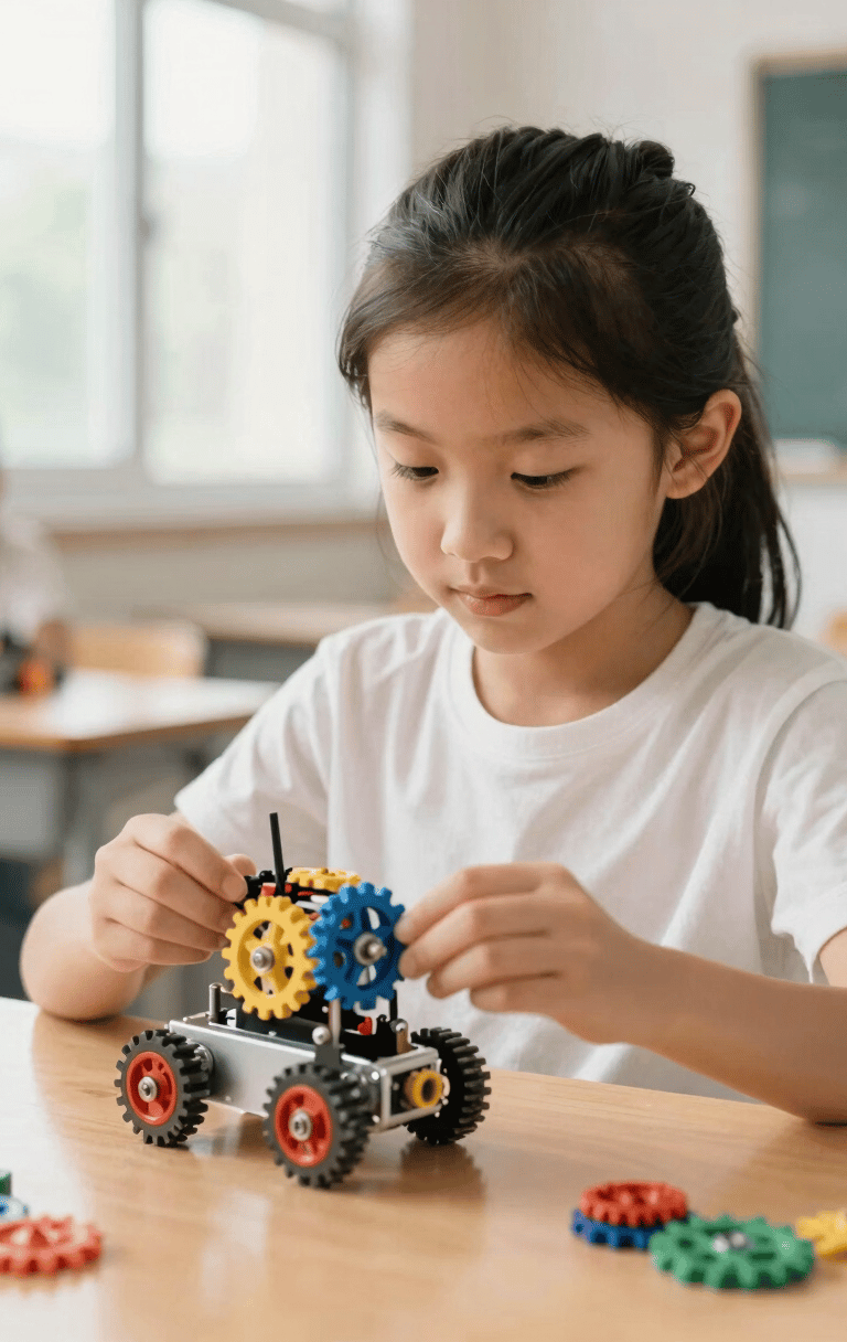 Warm editorial photography of a focused young girl building a small robot with colorful gears in a bright classroom, natural window light, shallow depth of field, 35mm