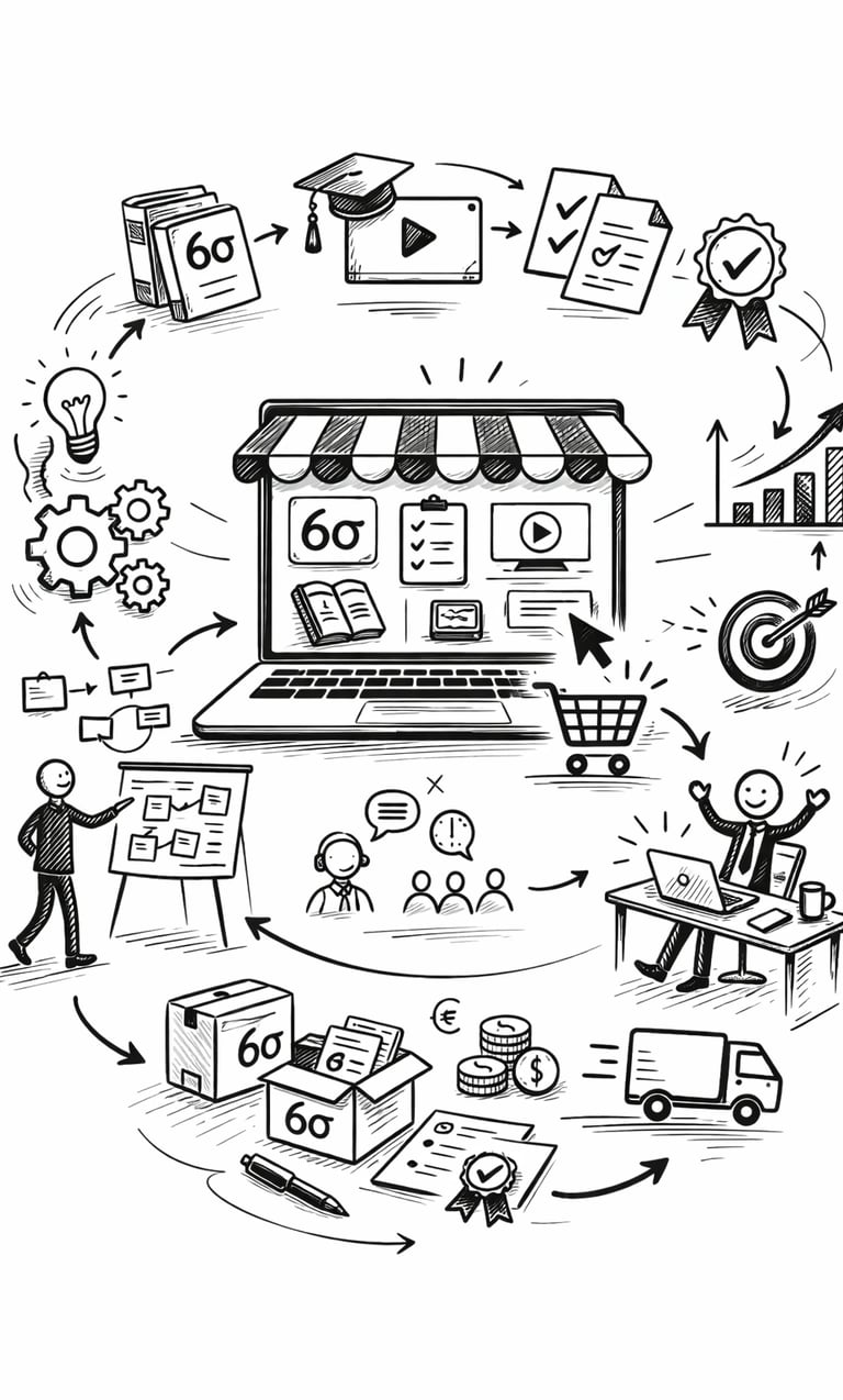 Doodle illustration of a Six Sigma online course workflow featuring business training icons and process improvement steps.