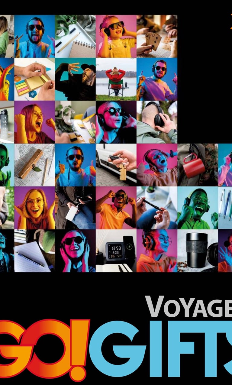 Voyager Go! Gifts 2025 promotional collage featuring people using lifestyle products and tech accessories.