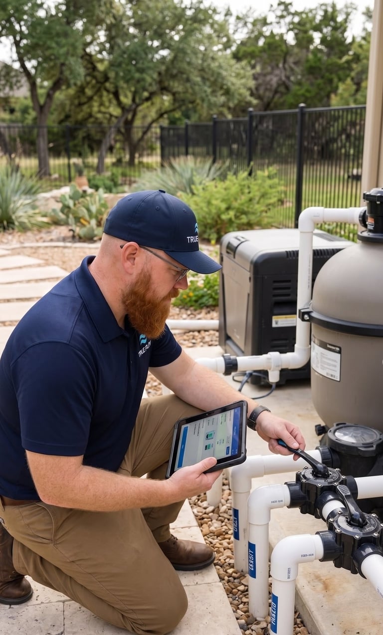 Pool technician inspecting plumbing and valves in Round Rock TX