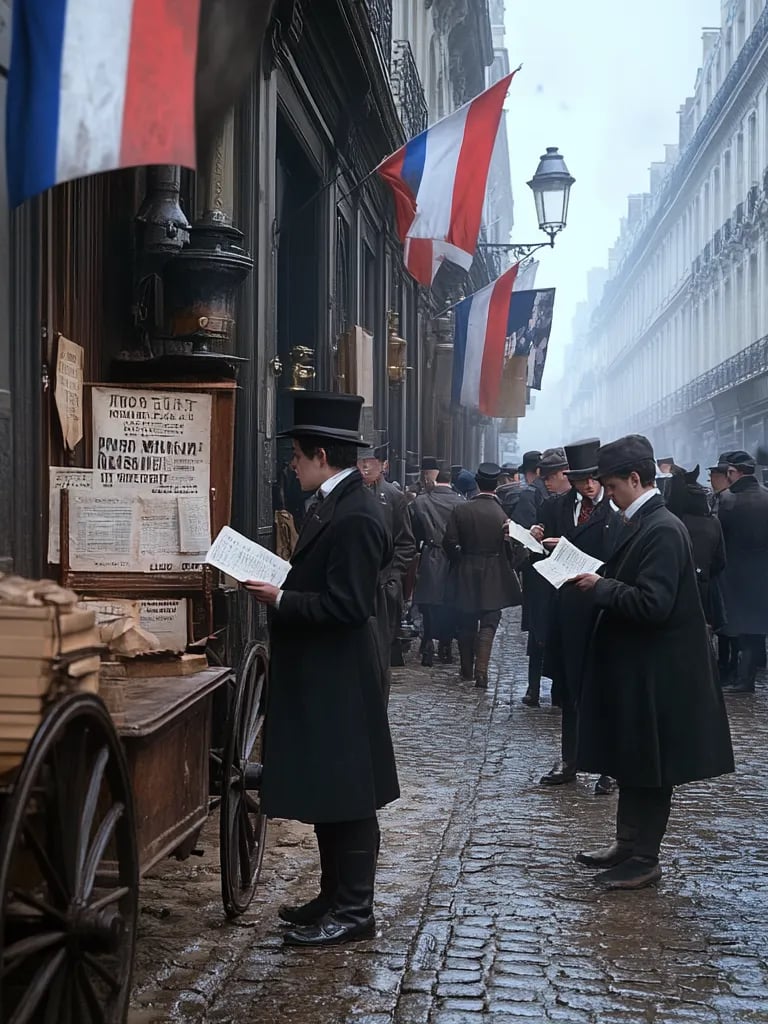 850s Paris, busy boulevard outside a telegraph office festooned with French tricolour flags