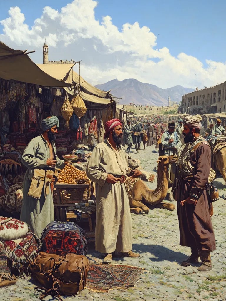 tribal elders arguing in a bustling Afghan bazaar shortly after the Durand Line treaty