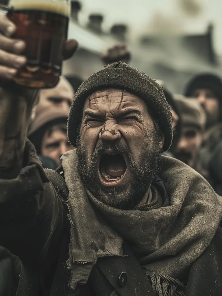 protester raising a mug of beer defiantly while shouting in anger