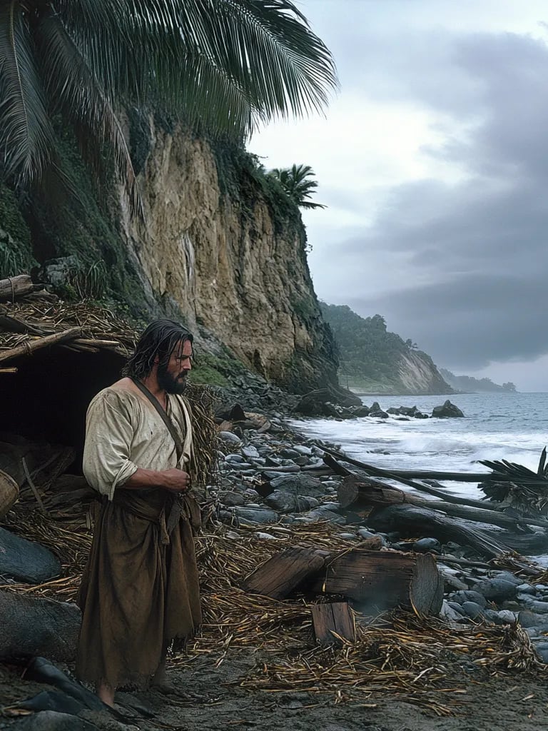 robinson Crusoe fashioning his first shelter from palm leaves and driftwood, building a rudimentary