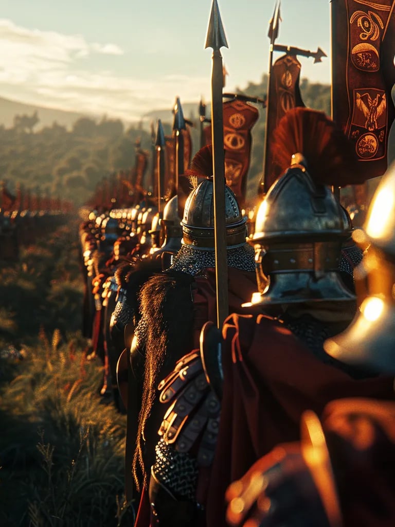 Roman and Gothic armies standing apart but observing the negotiations from a distance.