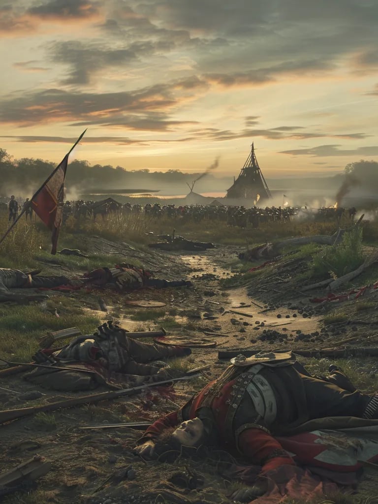 aftermath of the Battle of the Thames. Fallen soldiers and warriors lie across the battlefield