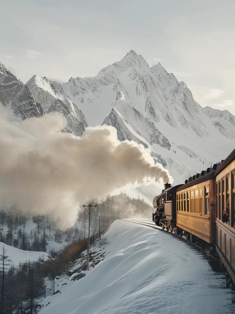 The Orient  Express winding through the snowy peaks of the Alps