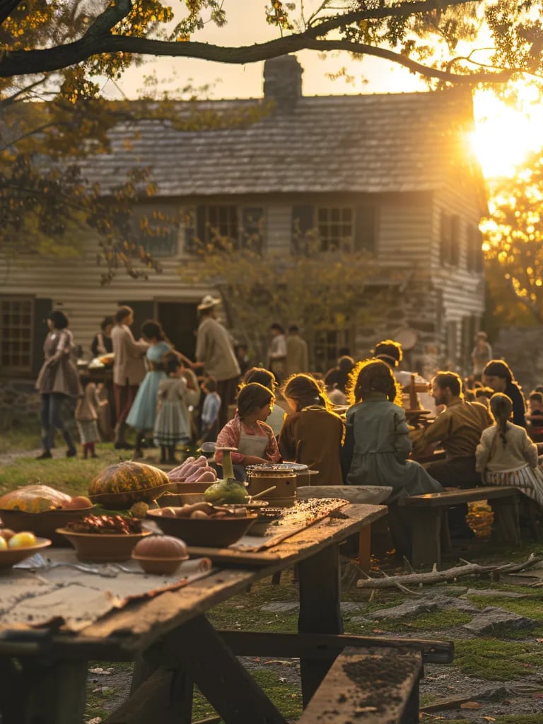 families gathered around a communal table outdoors to celebrate the first Thanksgiving