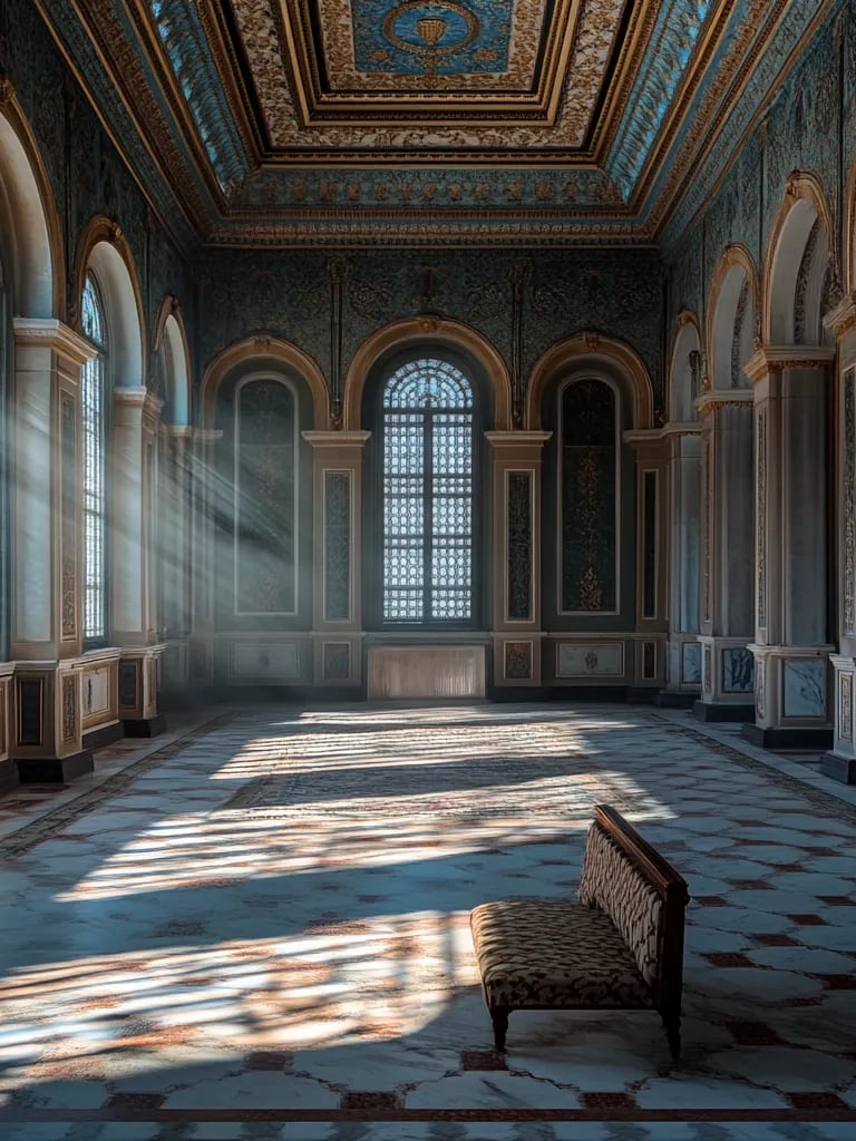 abandoned throne room inside Dolmabahçe Palace, faded sunlight pouring through high arched windows