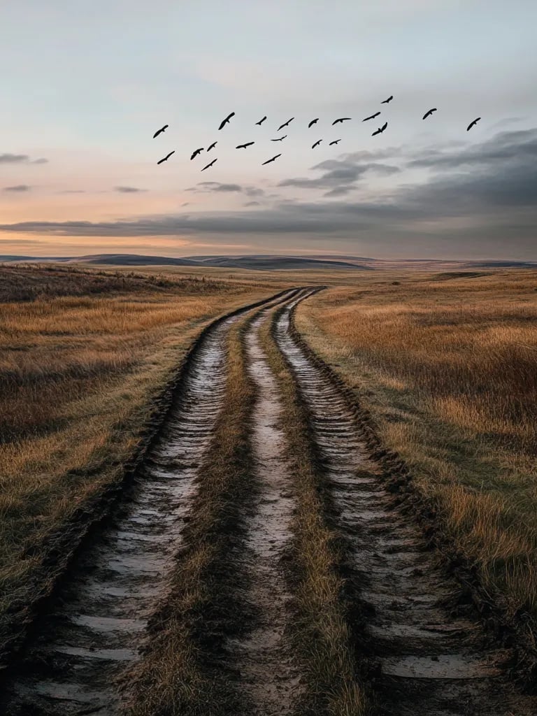 Abandoned wagon tracks winding into the vast prairie, orange twilight casting long shadows 